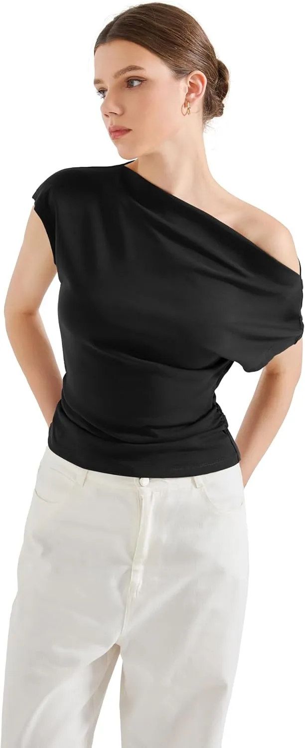 SUUKSESS Women Off The Shoulder Summer Tops One Shoulder T Shirt Casual Short Sleeve Boat Neck Tees
