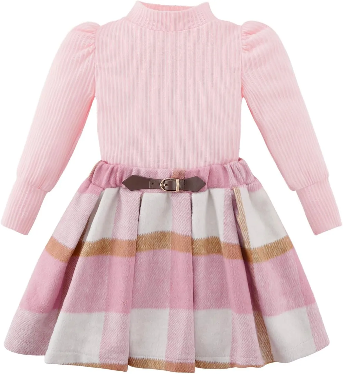 Toddler Girl Outfits Turtleneck Long Sleeve Ribbed Shirt Tops Plaid Mini Skirts 2Pcs Set Fall Winter Clothes 2-7T