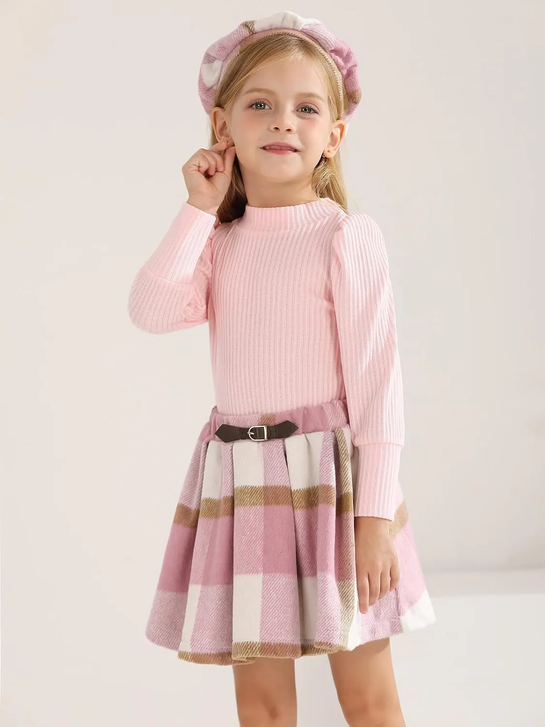 Toddler Girl Outfits Turtleneck Long Sleeve Ribbed Shirt Tops Plaid Mini Skirts 2Pcs Set Fall Winter Clothes 2-7T