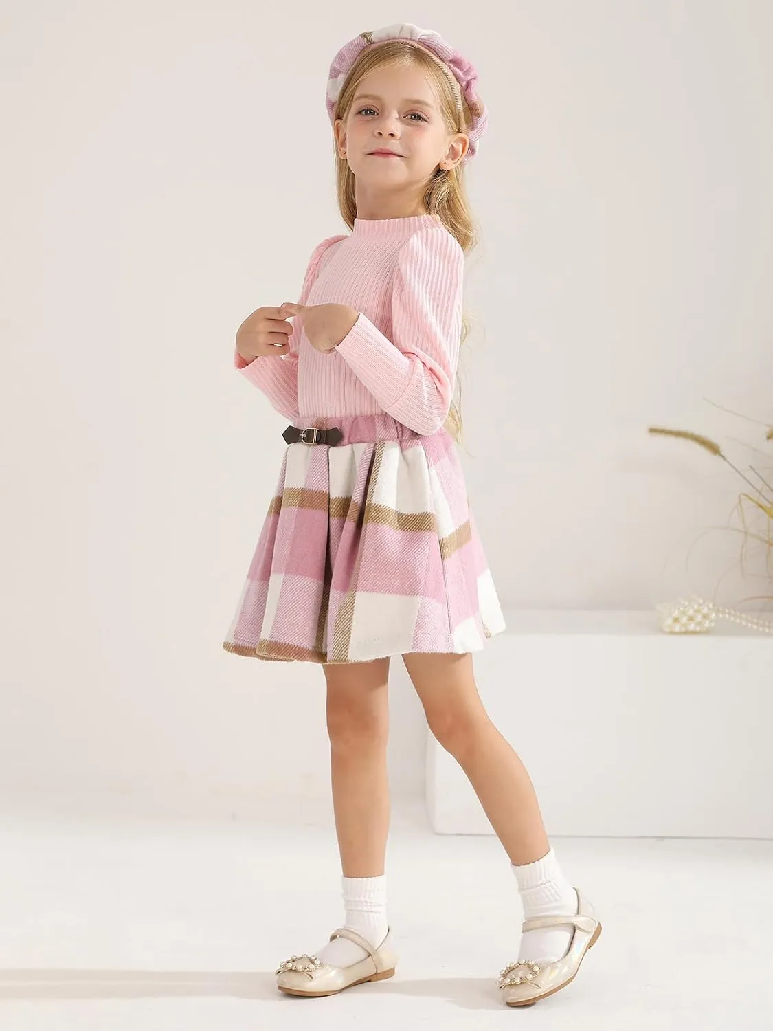 Toddler Girl Outfits Turtleneck Long Sleeve Ribbed Shirt Tops Plaid Mini Skirts 2Pcs Set Fall Winter Clothes 2-7T