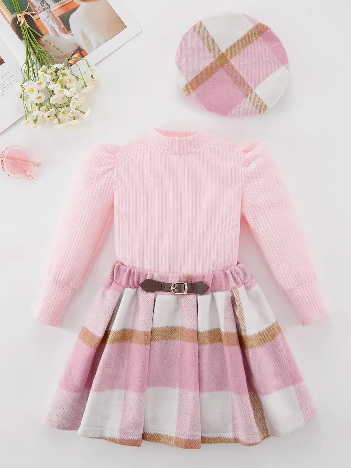 Toddler Girl Outfits Turtleneck Long Sleeve Ribbed Shirt Tops Plaid Mini Skirts 2Pcs Set Fall Winter Clothes 2-7T