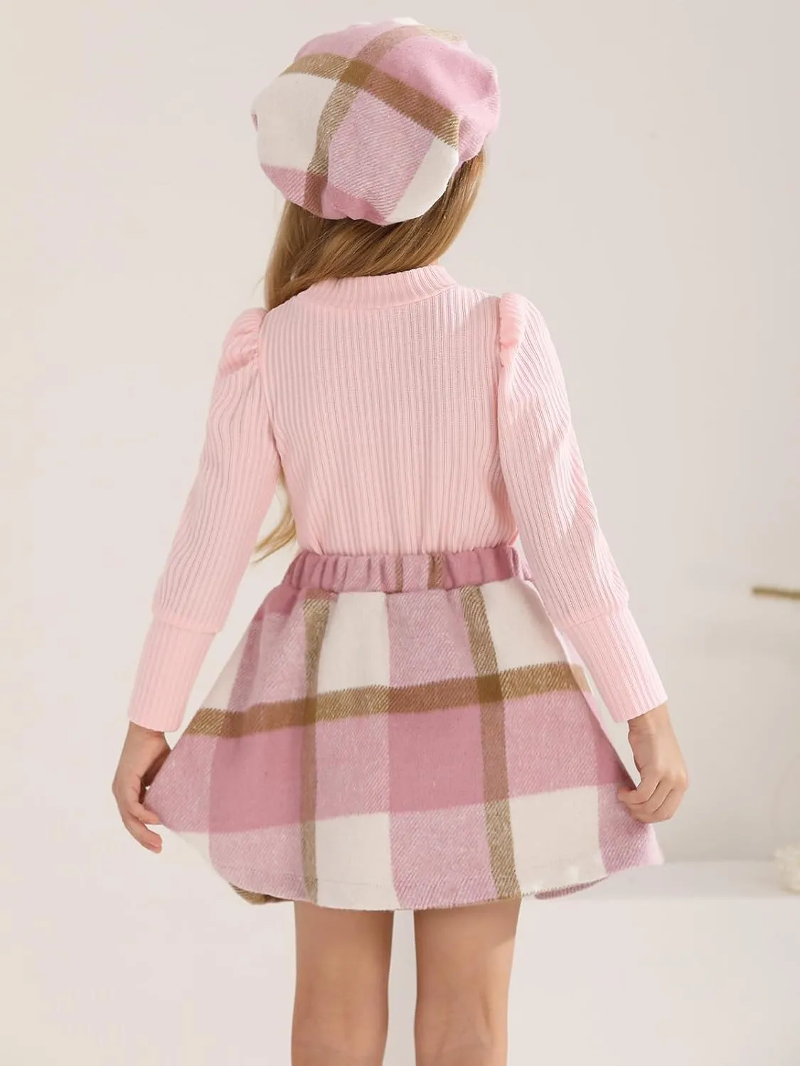 Toddler Girl Outfits Turtleneck Long Sleeve Ribbed Shirt Tops Plaid Mini Skirts 2Pcs Set Fall Winter Clothes 2-7T