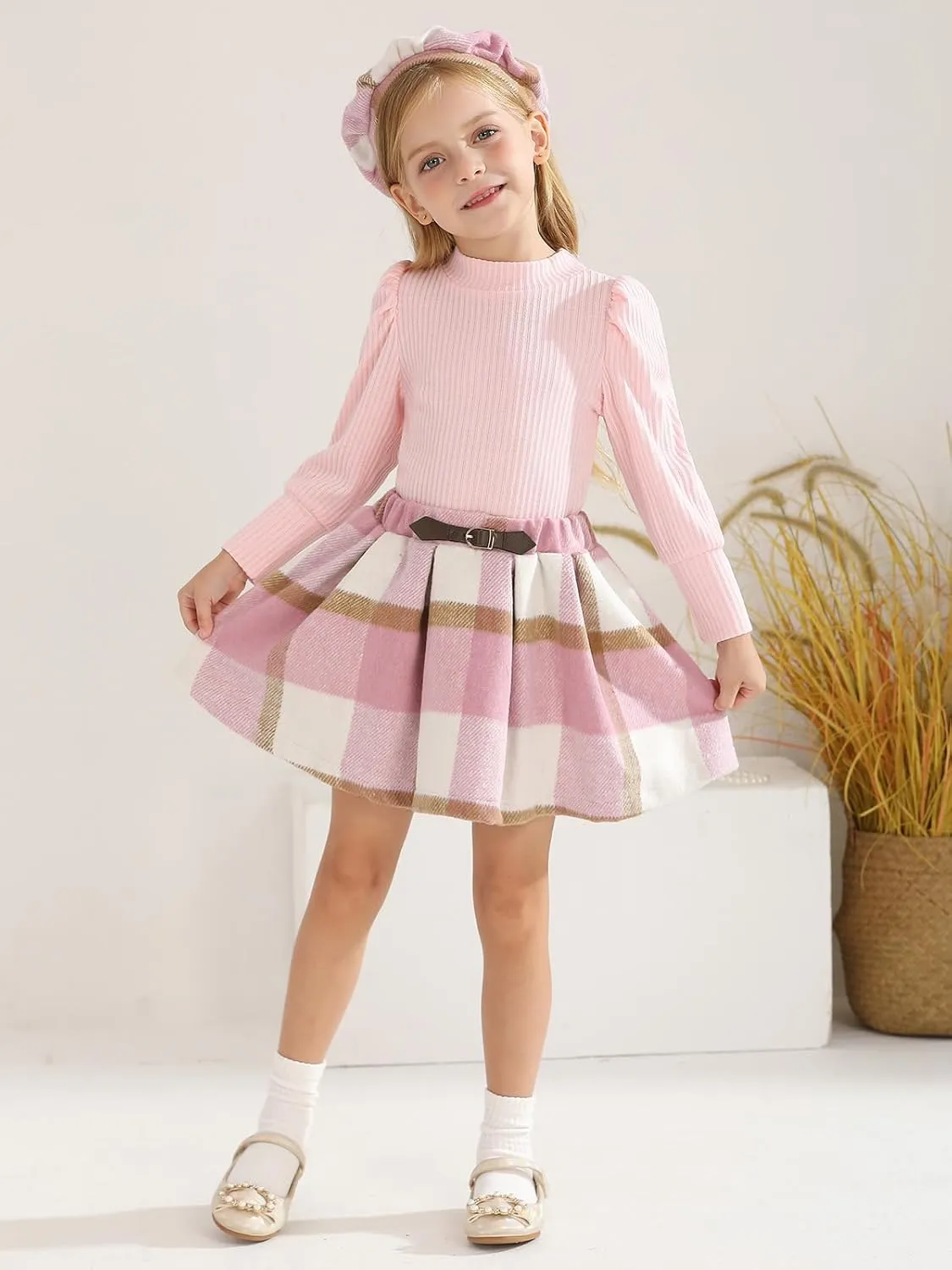 Toddler Girl Outfits Turtleneck Long Sleeve Ribbed Shirt Tops Plaid Mini Skirts 2Pcs Set Fall Winter Clothes 2-7T