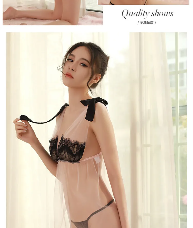 VenusFox Sexy Lingerie Lace Eyelashes Bow Transparent Mesh Sexy Temptation Short Nightdress