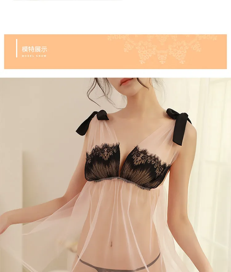 VenusFox Sexy Lingerie Lace Eyelashes Bow Transparent Mesh Sexy Temptation Short Nightdress