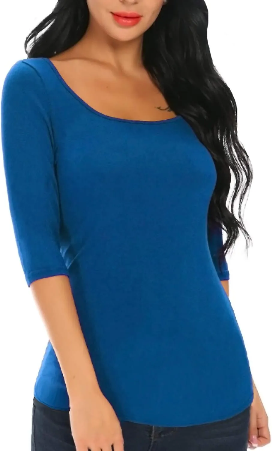 Women's 3/4 Sleeve Tops Square Neck Soft Stretch Slim Fit Tee Shirts