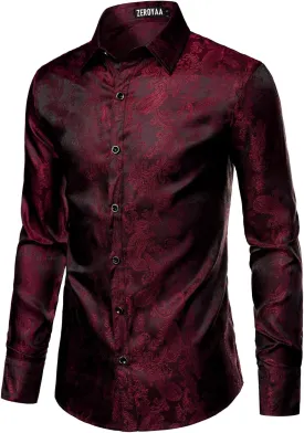 ZEROYAA Men's Paisley Jacquard Slim Fit Long Sleeve Button Up Dress Shirt for Party Prom