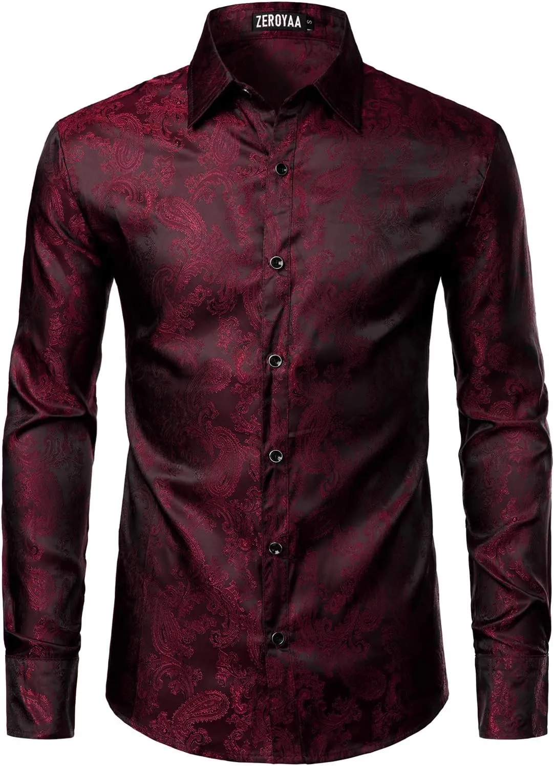 ZEROYAA Men's Paisley Jacquard Slim Fit Long Sleeve Button Up Dress Shirt for Party Prom